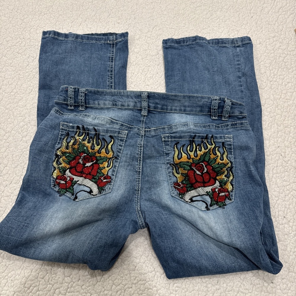 Ninth Hall Alyssia Embroidered Rose Flame Rhinestone Jeans Bootcut  Sz 18